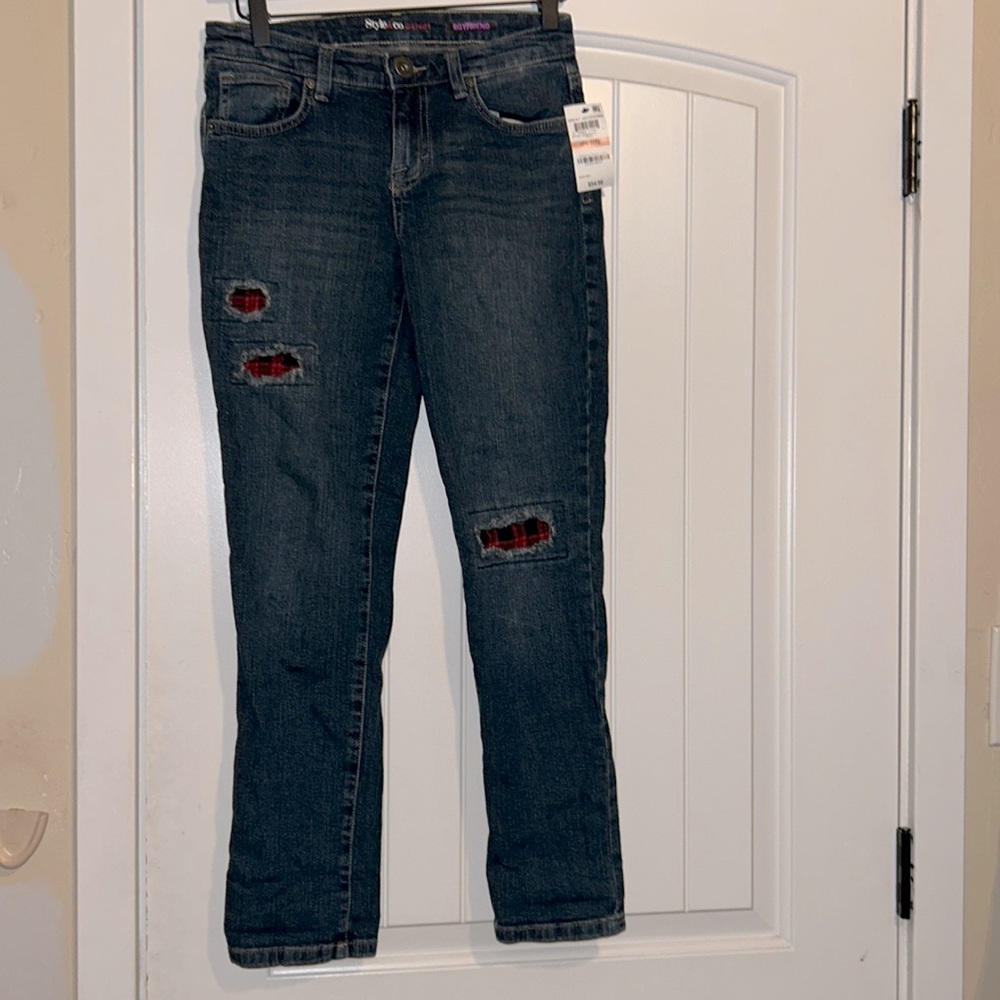 Style & Co Women’s Boyfriend Plaid Patch Darker Wash Denim Jeans NEW 2P Petite